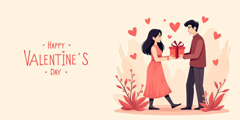 illustration, postcard, a man gives a gift to a woman, inscription happy Valentine's Day