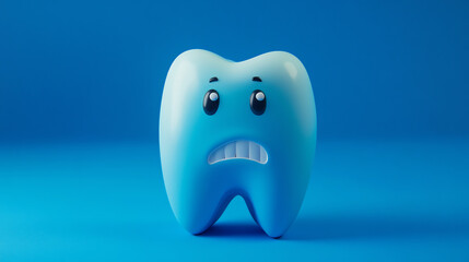 Sad blue tooth character on deep blue background, dental sensitivity concept