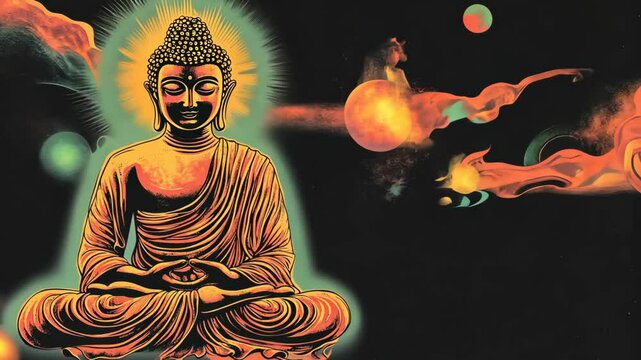 Buddha with Cosmic Background and Glowing Aura
