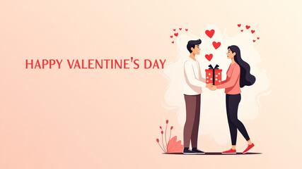 illustration, postcard, a man gives a gift to a woman, inscription happy Valentine's Day