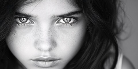 Fototapeta premium Intense Portrait of a Young Girl with Striking Eyes and Natural Freckles in Black and White