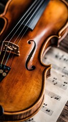Obraz premium Close-Up of a Classic Wooden Violin Resting on Sheet Music in Soft Lighting