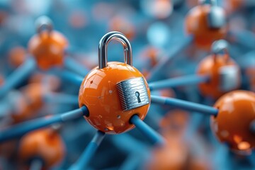 Orange padlock spheres interconnected by blue rods, creating a futuristic network on a blurred blue background, symbolizing cybersecurity and connectivity. Ai generative
