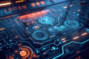 Futuristic Interface with Glowing Blue and Orange Displays