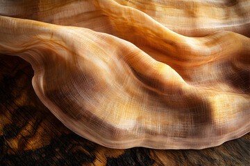 Golden Shimmer: A close-up of luxurious, flowing, semi-transparent fabric in shades of golden brown, draped elegantly over a textured wooden surface.  The soft light catches the delicate folds.