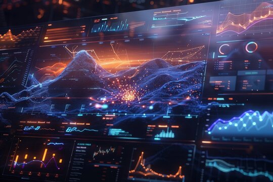 A futuristic digital display with graphs and data visualizations.