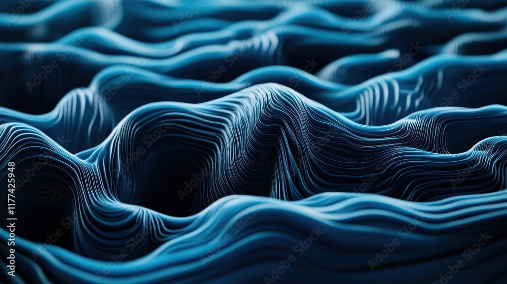 Poster abstract wave-like patterns in blue tones, creating a fluid, dynamic visual effect.