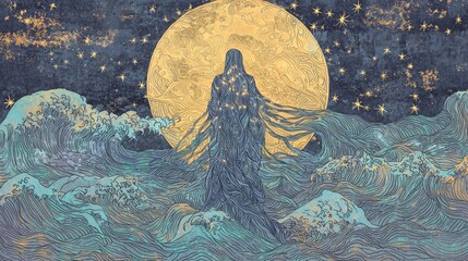 Mystical Aquarius Zodiac Tapestry with Robed Figure and Star Motifs | Boho-style Cinematic Artwork of Water Element