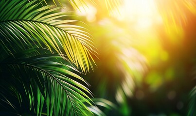 Tropical palm leaves, sunlit jungle foliage, nature background, backdrop, stock photo