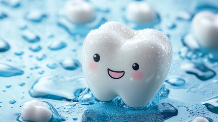 Sweet tooth character on water drops, dental freshness concept