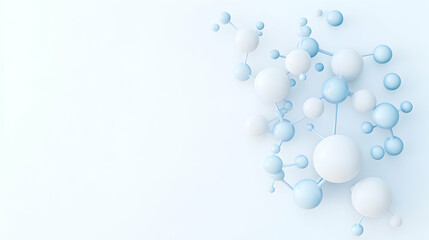 Abstract science background Molecular structure illustration, white and light blue spheres connected,  copy space for text, suitable for medical or technology presentations.