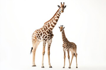 Fototapeta premium a giraffe and a baby giraffe standing on a white background