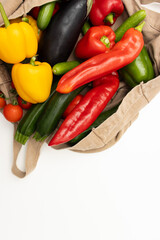 Colorful fresh vegetables including tomatoes, peppers, avocado, eggplant and cucumbers peeking out of brown paper bag on white background. Top view. Healthy eating. Copy space