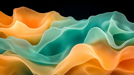 Fototapeta premium Abstract teal and orange fabric waves flowing, dark background; ideal for website banners or design projects.