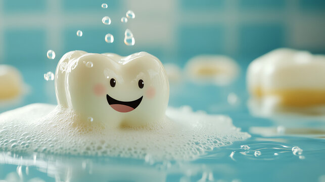 Happy tooth character with foam bubbles, dental cleanliness concept