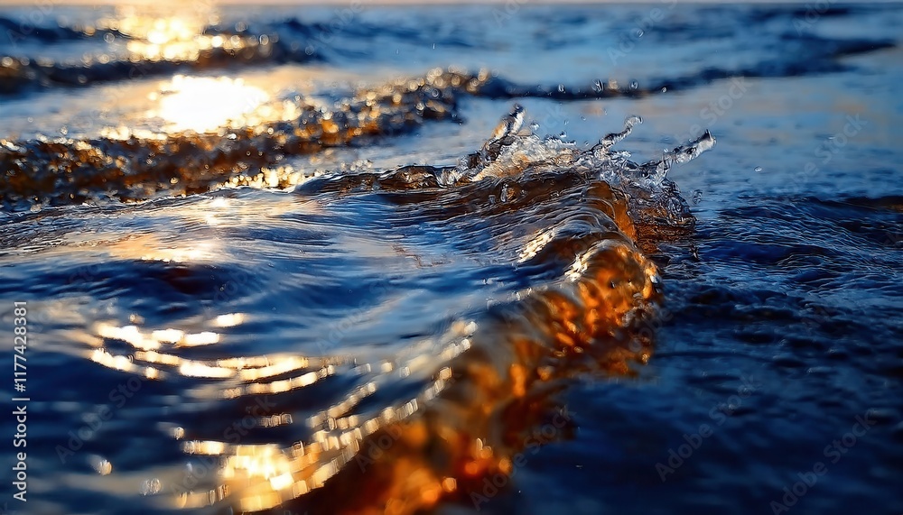 Poster close-up of sunlit water ripples and splashing waves at sunset with golden reflections and shimmerin