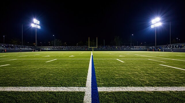 universal grass stadium illuminated by spotlights and empty green grass playground