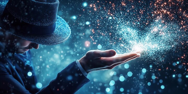 A stylish man releases brilliant light from his hand.