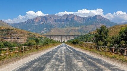 Empty asphalt road leading to a dam in a mountainous valley under a partly cloudy sky.
