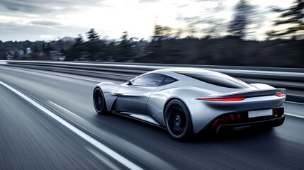 Fototapeta premium Silver Supercar Speeding on the Highway: A Thrilling Ride