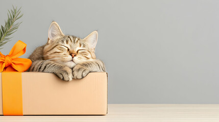 Adorable tabby cat napping in a gift box on a wooden table against a grey background; perfect for pet-related websites or greeting cards.