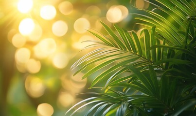 Obraz premium Tropical foliage sunlit bokeh background, nature