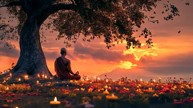 Meditating Person Under Tree at Sunset
