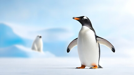 Naklejka premium Antarctic penguin standing proudly, polar bear in background, icy landscape, wildlife conservation.
