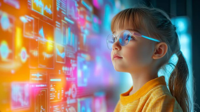 Young girl exploring interactive technology in a bright digital environment