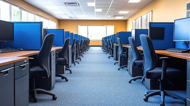 Empty modern office workspace with rows of desks and blue dividers.