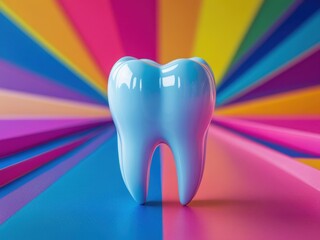 Bright blue dental tooth model set against a colorful vibrant background showcasing a playful atmosphere and dental theme