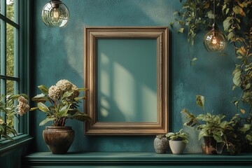 elegant wooden picture frame mockup on dark green cabinet with minimalist decor and soft ambient lighting in modern interior, 3d visualization
