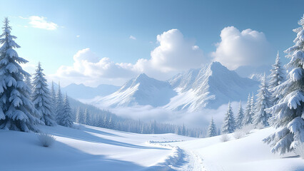 winter wonderland with snowcap mountains and clouds in the background