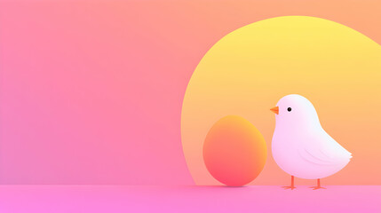A cheerful chick gazes at a vibrant egg in a soothing pastel dawn atmosphere