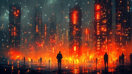 Naklejka premium Futuristic Cityscape at Night with Silhouetted Figures Amidst Glowing Skyscrapers and Vivid Lights in a Neon Urban Environment