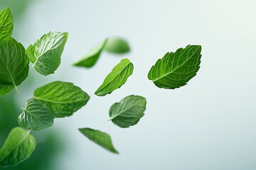 Fototapeta premium Fresh Mint Leaves Falling Nature's Green Refreshment