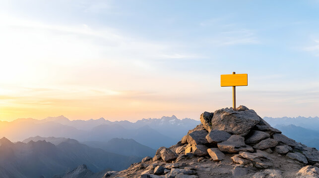 Blank signpost on mountain peak at sunrise, motivational concept, landscape background, for business success or travel advertising.