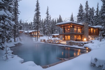 Fototapeta premium Snowy mountain resort with steaming outdoor pool, illuminated chalets, and a twilight forest backdrop