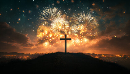 Fototapeta premium Christmas fireworks festival and fireworks to celebrate the holiday season and New Year, New Year's night cityscape and church cross silhouette