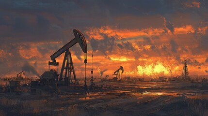 An oil field at sunset, showcasing drilling rigs against a dramatic sky.