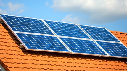 A roof with solar panels under a bright sky, showcasing renewable energy technology and modern architecture.