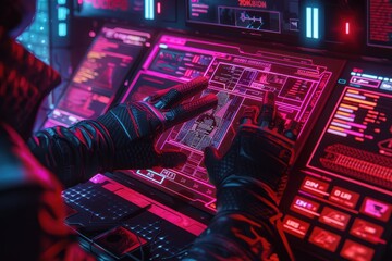 Gloved Hands Interacting with Futuristic Digital Interface