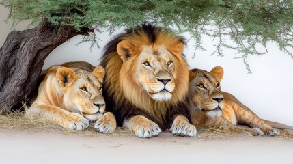 Obraz premium Three lions resting under a tree in a serene environment.