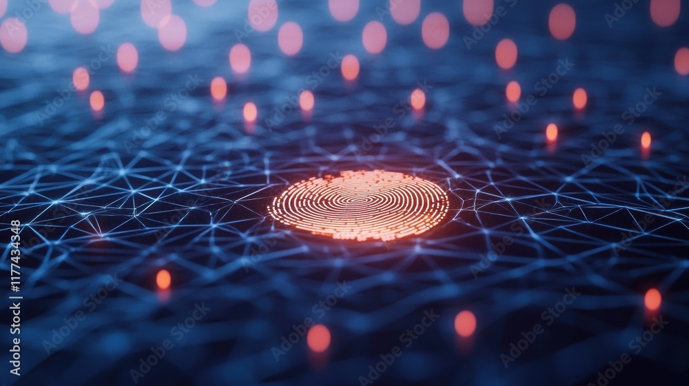 Poster abstract digital network with glowing elements and fingerprint patterns