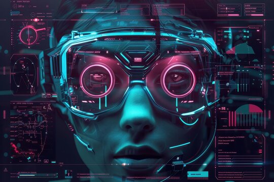 Cyborg Woman with Futuristic Goggles and Digital Interface
