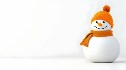 Cheerful snowman in orange hat and scarf against white background; winter holiday greeting card.