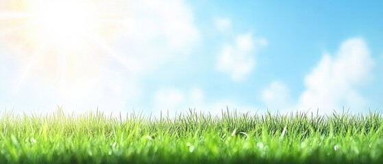 Fototapeta premium Lush Green Grass Under Bright Blue Sky with Soft White Clouds and Sunlight