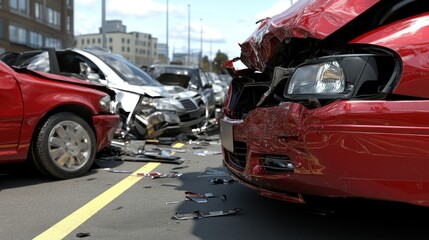 severe collision involving several cars has occurred on a city street. red car shows extensive damage, while other vehicles are visibly impacted, obstructing traffic and creating chaos