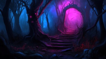 winding staircase leads through a mystical forest, surrounded by dark, twisted trees. Vibrant purple and blue lights create an ethereal atmosphere, evoking a sense of wonder and magic