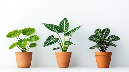 Fototapeta premium Three potted plants against white wall. Interior design